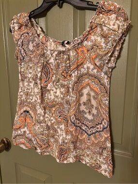 J. Crew Paisley Short Ruffle Sleeve Blouse — Orange & Cream